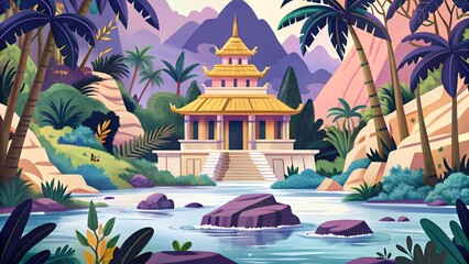 A serene pagoda nestled amidst lush tropical foliage, reflecting in the tranquil waters below, creating a peaceful scene