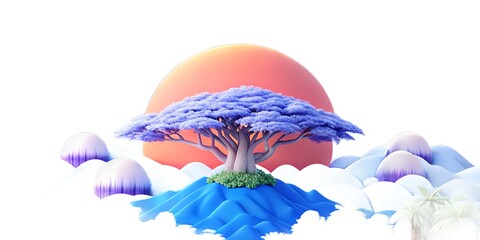 Fantasy landscape with a tree on an island, a sun, and clouds isolated on white background