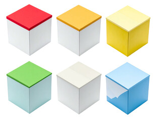 Fototapeta premium A grid of six isolated, brightly colored cubes with white bodies and vibrant tops on a solid black background