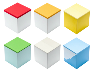 A grid of six isolated, brightly colored cubes with white bodies and vibrant tops on a solid black background