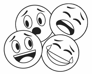 Collection of expressive emoji faces in black and white