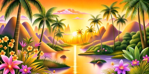 A vibrant tropical paradise with palm trees, flowers, and a serene river at sunset