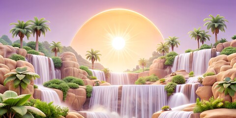 A breathtaking waterfall cascading down a rocky cliff, surrounded by lush greenery and palm trees