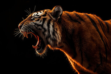 Tiger roar side shot photography on black background with warm glow lighting