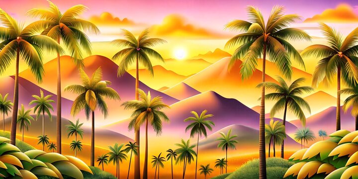 A vibrant tropical landscape with palm trees silhouetted against a colorful sunset sky, creating a serene and exotic atmosphere