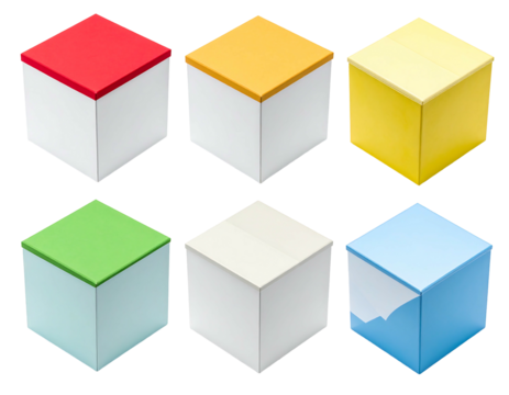 A grid of six isolated, brightly colored cubes with white bodies and vibrant tops on a solid black background