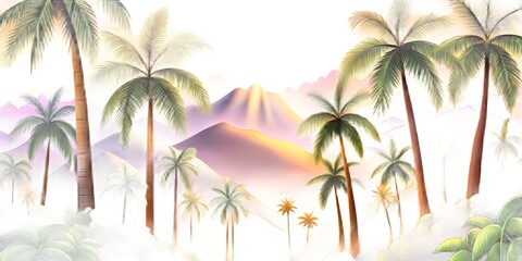 Palm trees in a tropical landscape with mountains and sunlight shining through the fog