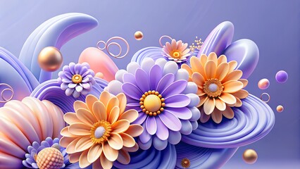 A delightful arrangement of pastelcolored flowers, swirls, and spheres creates a whimsical composition