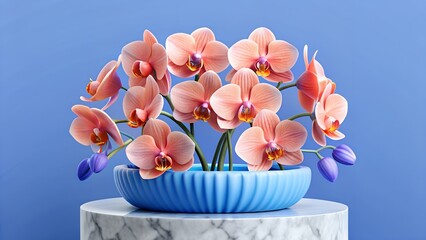 Beautiful peach orchid flowers in a blue ceramic bowl on a marble pedestal against blue background