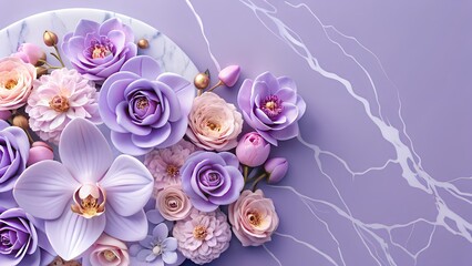 A captivating arrangement of purple and pink flowers on a lavender marble surface, creating a serene and elegant floral display