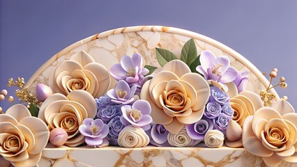 A captivating arrangement of roses and blossoms in soft pastel hues, set against a serene backdrop