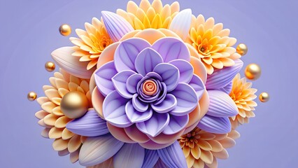 A beautiful bouquet of colorful flowers in shades of purple, orange, and yellow on a lilac background