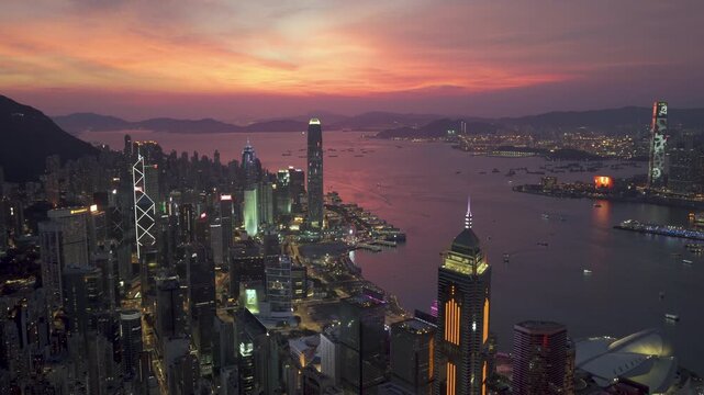 Hong Kong Island Fire Sunset Aerial