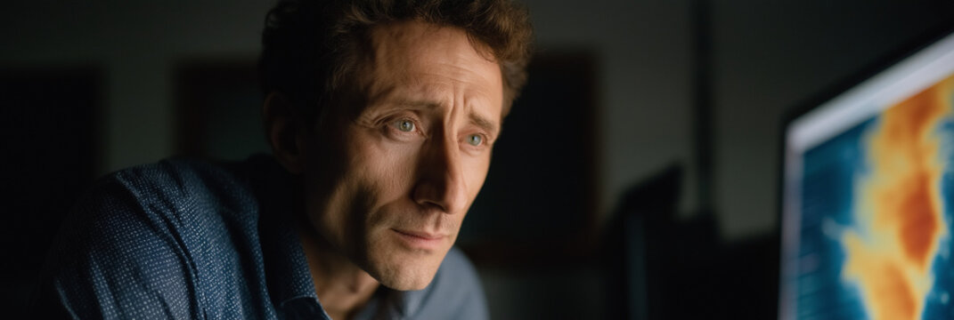 A thoughtful man gazes intently at his computer screen, reflecting on important information in a dark office, showcasing deep concentration and analytical thinking.