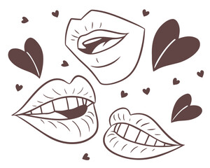 Kissing lips and hearts line art illustration