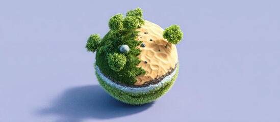 Miniature planet showing half-green, half-desert landscape with small trees and a golf ball