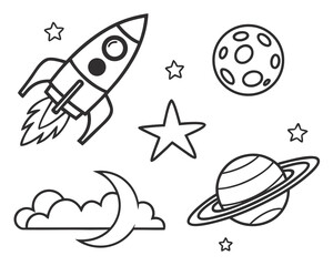 Outer space coloring page with rocket stars moon and planets