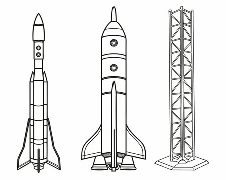 Line art designs of rockets and launch tower