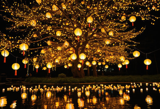 Japanese lantern festival Christmas tree with paper lantern ornaments, floating light garlands, and glowing amber lights