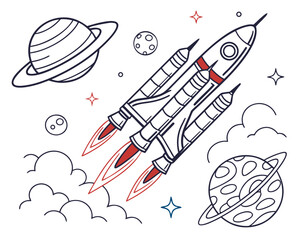 Stylized rocket launch through space with planets and stars