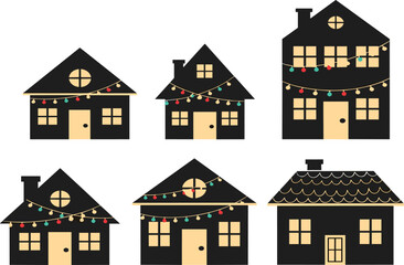 Row of festive houses, silhouettes with colorful string lights, holiday decoration, Christmas celebration, winter season, architectural design, vector illustration art