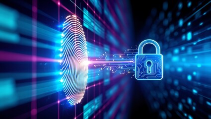 Biometric fingerprint scan unlocking digital cybersecurity padlock system