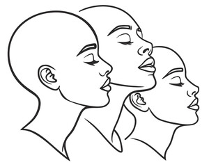 Three women faces in profile stylized line art