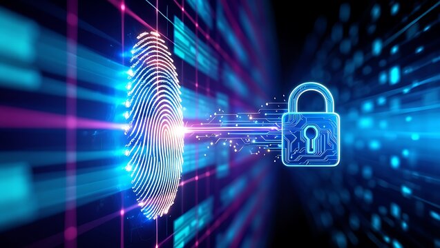 Biometric fingerprint scan unlocking digital cybersecurity padlock system