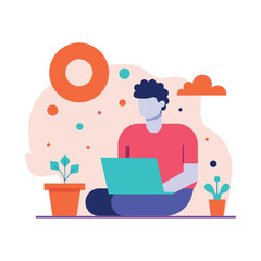 Modern Flat Vector Illustration of Remote Worker Working from Home, Freelancer Working on Laptop Concept: Flat Design Digital Nomad, Employee Collaboration and Project Management Flat Design