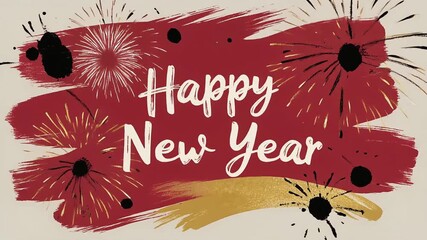 Festive New Year's greeting card featuring vibrant fireworks and elegant typography on a red background. - Powered by Adobe