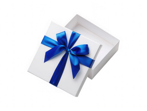 Gift box, open with blue ribbon and bow
