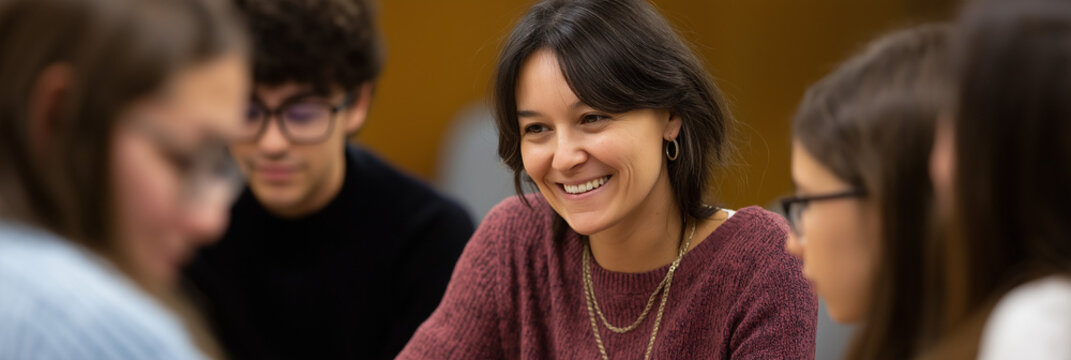 A smiling woman leads a thoughtful discussion with students, radiating warmth and enthusiasm, creating an inviting atmosphere for open conversation and shared learning experiences.