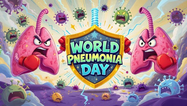 World Pneumonia Day Cartoon: Lungs Fighting Virus and Bacteria