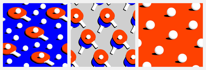 Modern Ping Pong Seamless Pattern Set. Vibrant Seamless Designs Featuring Red Paddles, White Balls, and Bold Blue, Gray, and Orange Backgrounds for Sporty, Playful, and Dynamic Visual Creations
