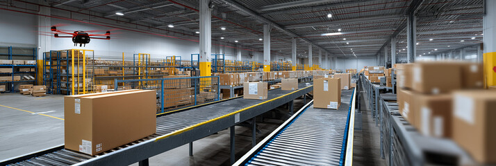 A high-tech warehouse featuring automated conveyor belts and drones, showcasing advanced logistics solutions that enhance efficiency and modernize the shipping industry.