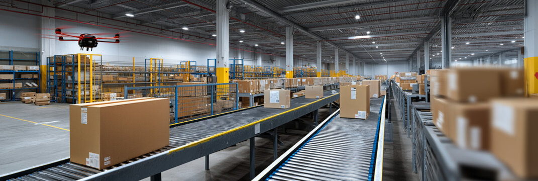 A high-tech warehouse featuring automated conveyor belts and drones, showcasing advanced logistics solutions that enhance efficiency and modernize the shipping industry.