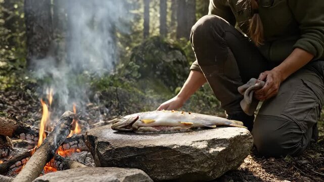 Woman cleans a freshly caught fish by a campfire in a forest. Wilderness survival skill and outdoor living concept. Footage.