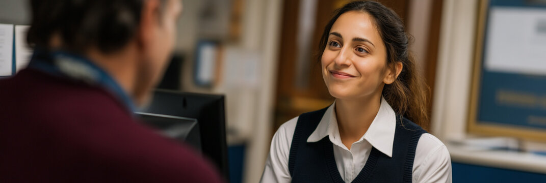 A friendly customer service representative engaging with a client, showing a warm smile that signifies excellent service, support, and positive interaction in business context.