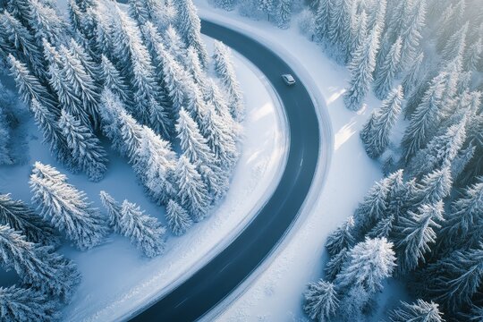 A winding road through a snowy forest, showcasing a winter wonderland scene from above.
