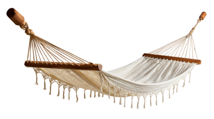 White woven hammock with decorative tassels isolated on transparent background