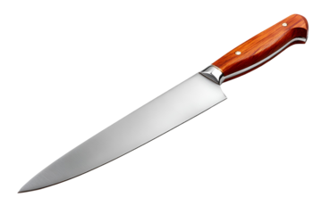 Sharp chef knife with wooden handle isolated on transparent background