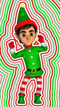 Hypnotic animation of cute elf chicken dancing isolated with wave effect. Seamless psychedelic Christmas animation.