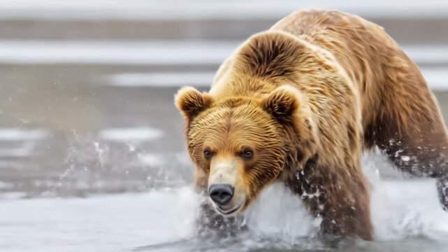 Large bear running through shallow water with splashes and blurred backg