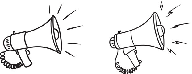 Doodle Style Megaphone Illustration with Sound Waves Radiating Outward in Monochrome