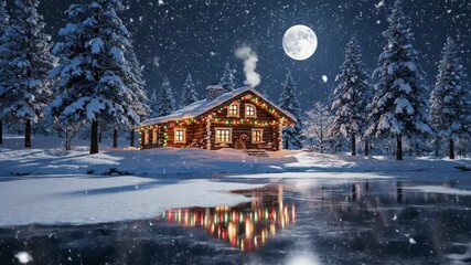 Winter cabin with Christmas lights reflecting on frozen lake during snowfall at night with full moon, beautiful winter landscape animation - Powered by Adobe