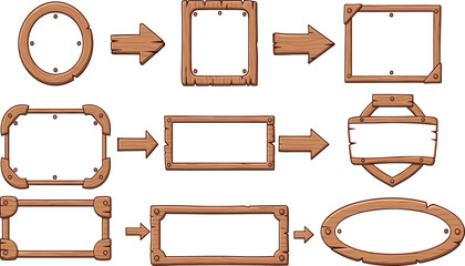 Rustic wooden signboards illustration, blank outdoor wood boards, decorative rural signage design, vector art background, natural cartoon style display, multiple shapes collection