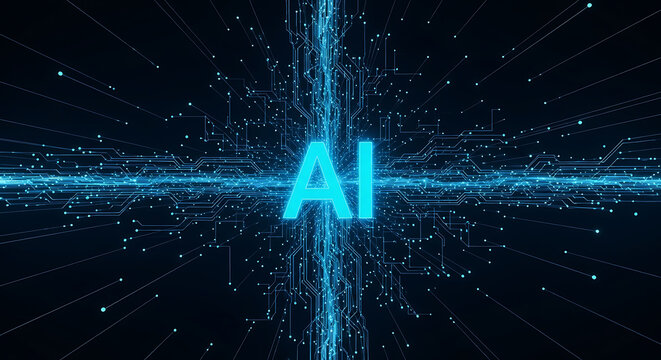 Glowing blue A I text on abstract digital circuit board background artificial intelligence