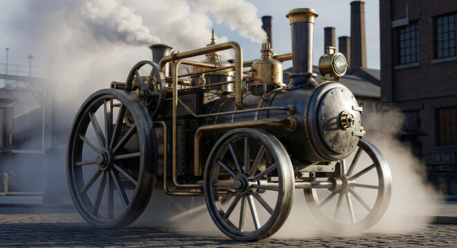 Detailed 3D render of a vintage steam engine traction vehicle.
A high-quality, realistic 3D render of a historical steam-powered engine or self-propelled traction vehicle, resembling a Victorian-era 
