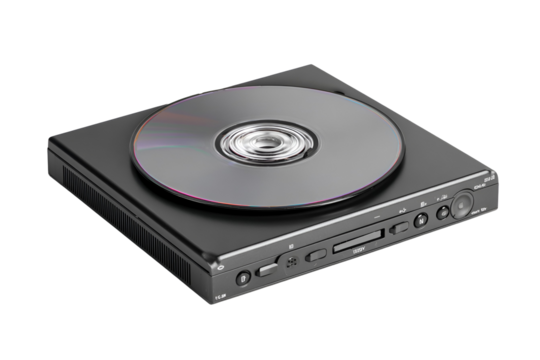 Modern compact digital audio player with a circular disc on top isolated on transparent background