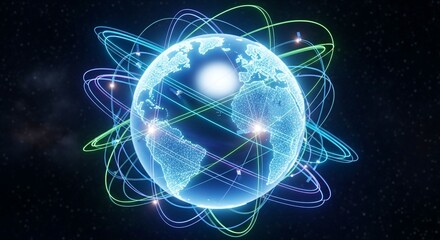 Global communication network concept showcasing interconnected world with digital earth and orbiting data streams in a futuristic space background